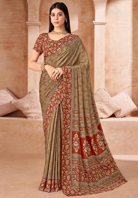 Brown Printed Silk Saree Set