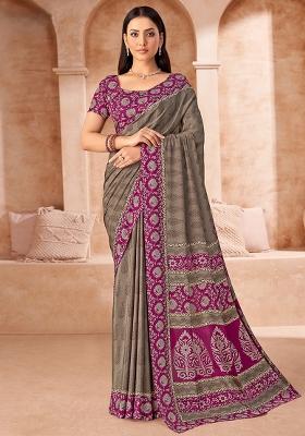 Grey Printed Silk Saree Set