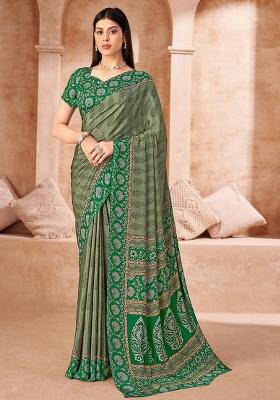 Green Printed Silk Saree Set