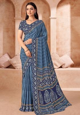 Blue Printed Silk Saree Set
