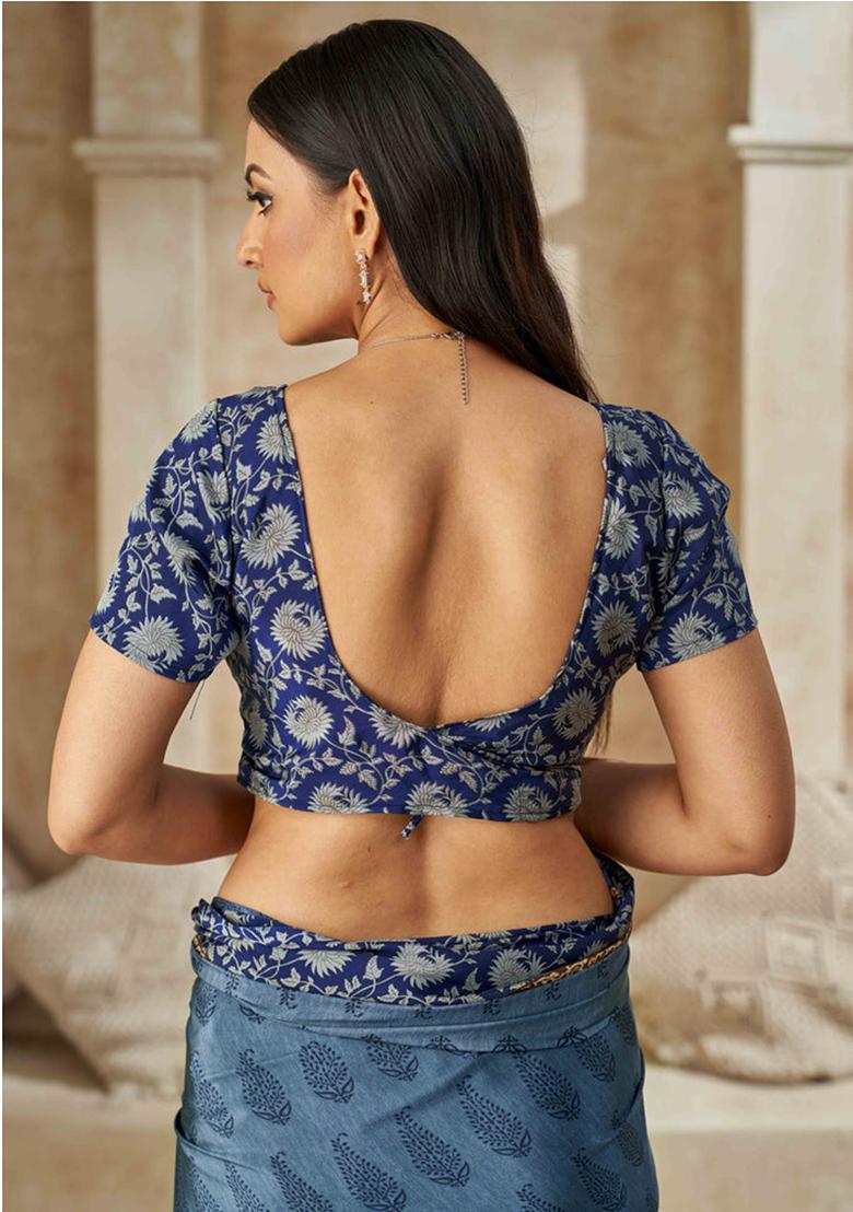 Blue Printed Silk Saree Set - Indya