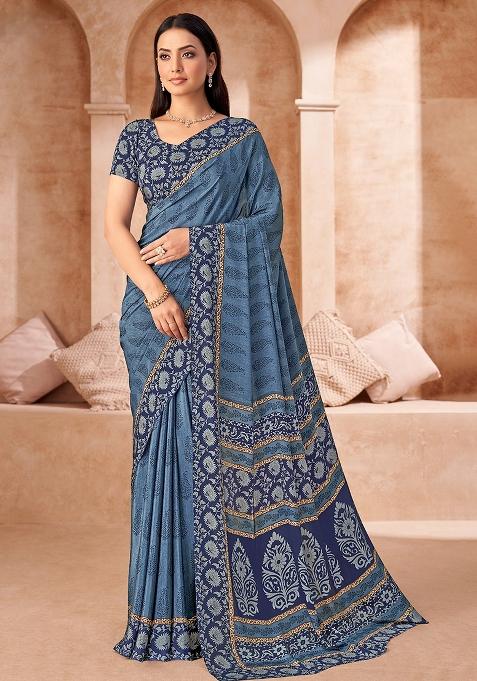 Blue Printed Silk Saree Set