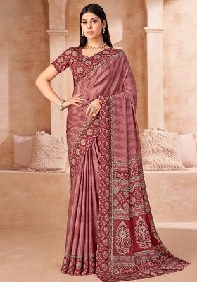 Pink Printed Silk Saree Set