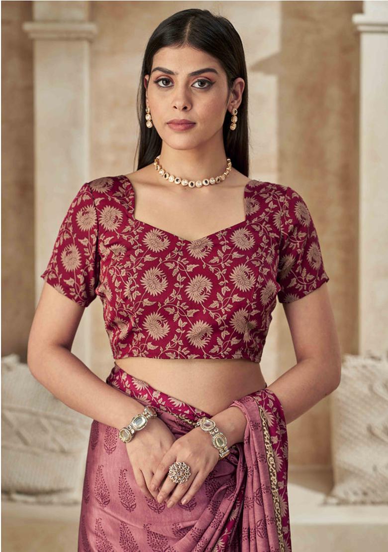 Pink Printed Silk Saree Set - Indya