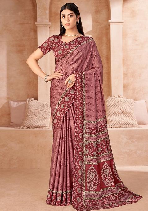 Pink Printed Silk Saree Set
