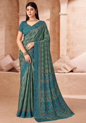 Green Printed Silk Saree Set