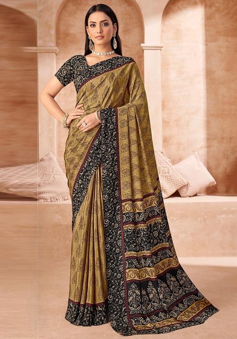 Yellow Printed Silk Saree Set