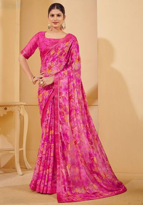 Pink Printed Chiffon Saree Set