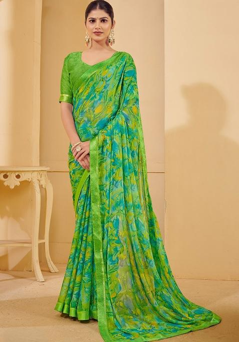 Green Printed Chiffon Saree Set