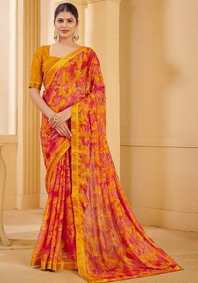 Yellow Printed Chiffon Saree Set