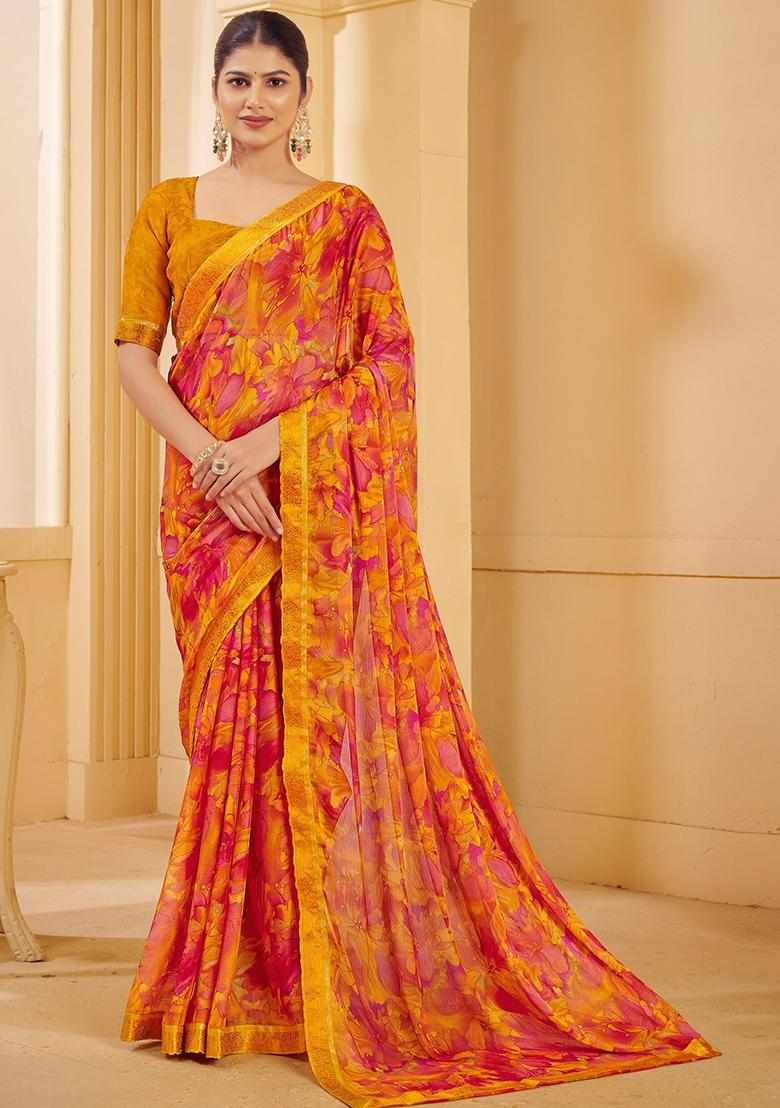 Yellow Printed Chiffon Saree Set