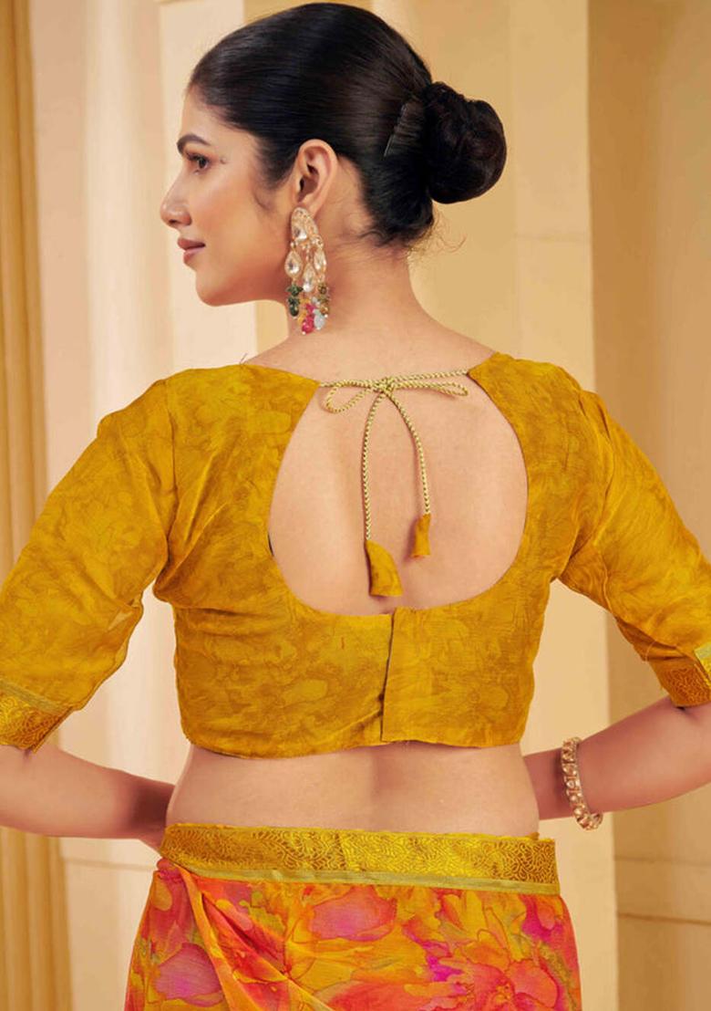 Yellow Printed Chiffon Saree Set