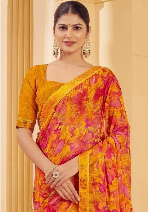Yellow Printed Chiffon Saree Set