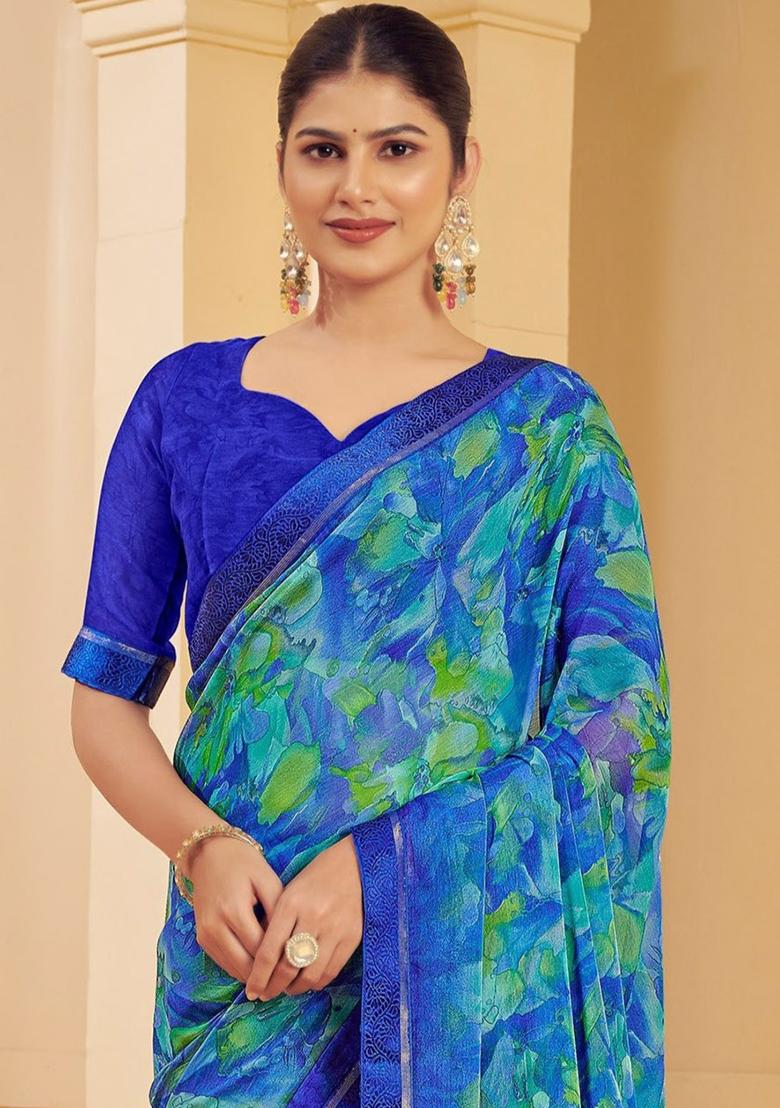 Blue Printed Chiffon Saree Set - Indya