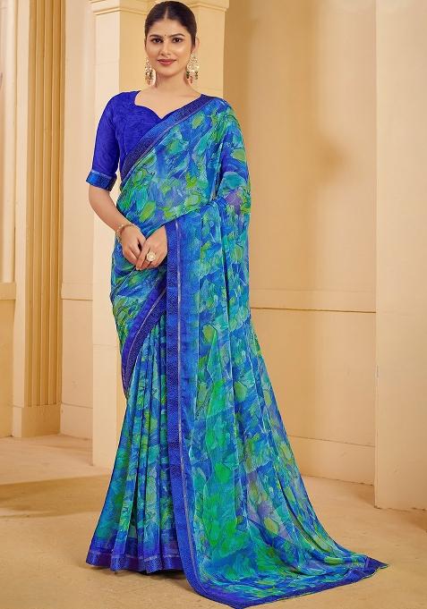 Blue Printed Chiffon Saree Set