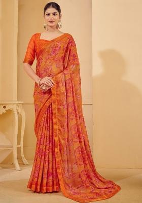 Orange Printed Chiffon Saree Set