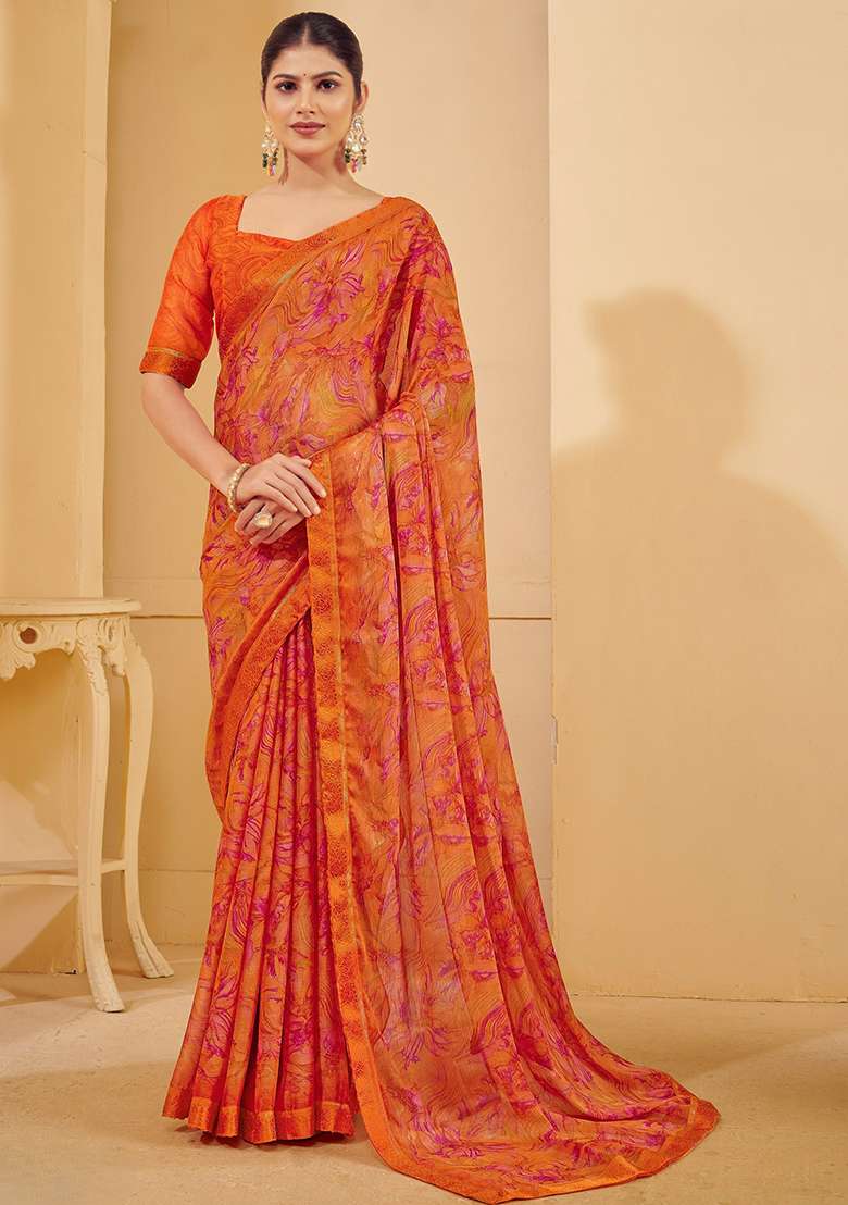 Orange Chiffon Saree Set with Printed for Diwali | Wedding & Festive Wear - Indya