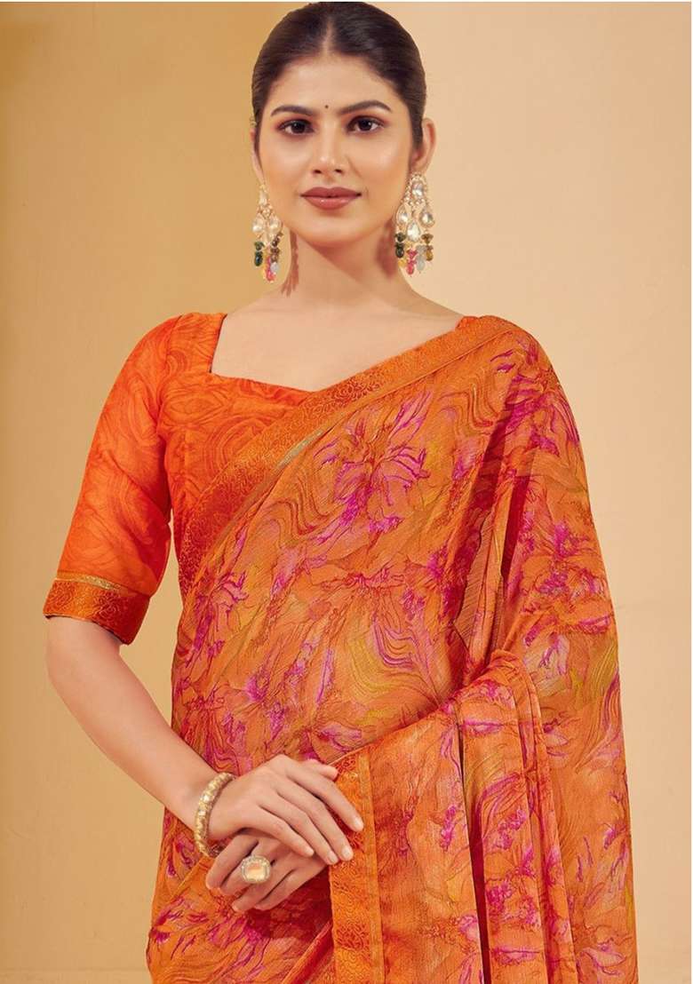 Orange Chiffon Saree Set with Printed for Diwali | Wedding & Festive Wear - Indya