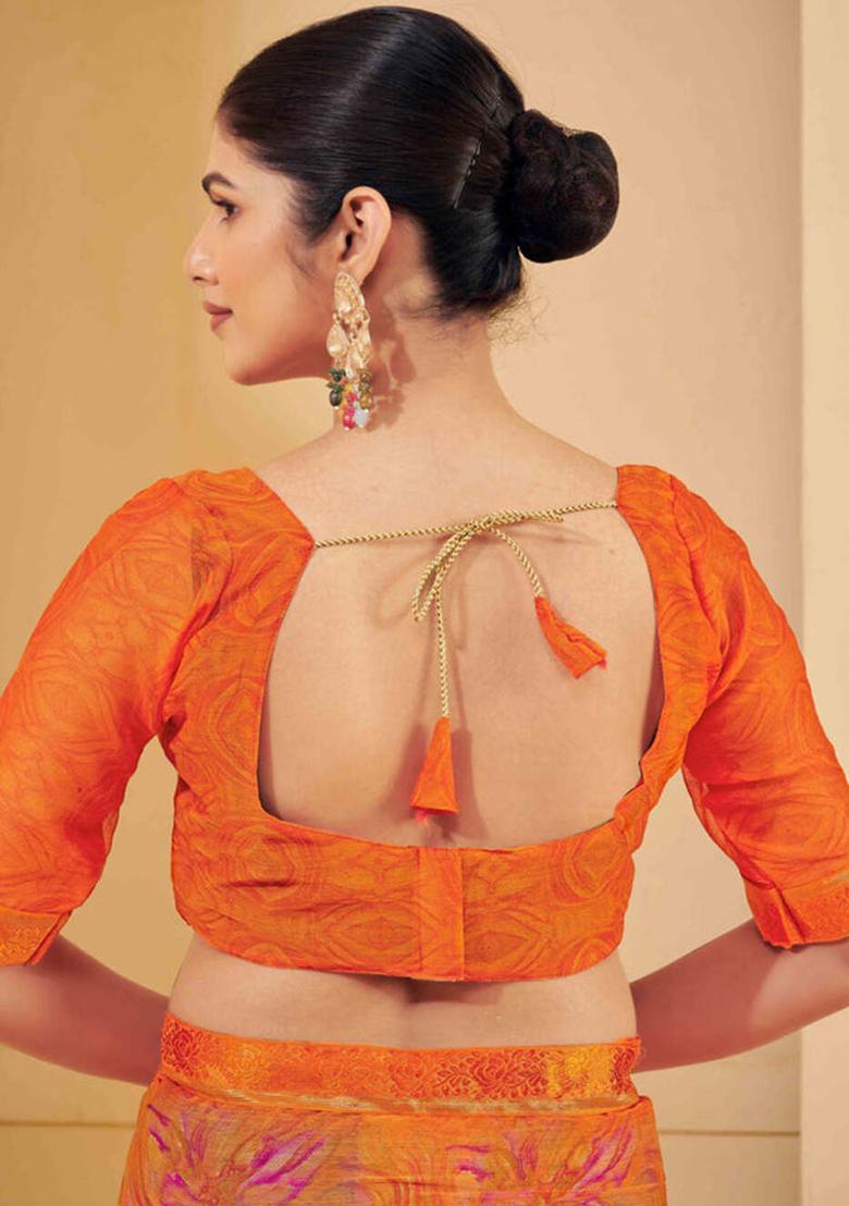 Orange Printed Chiffon Saree Set - Indya