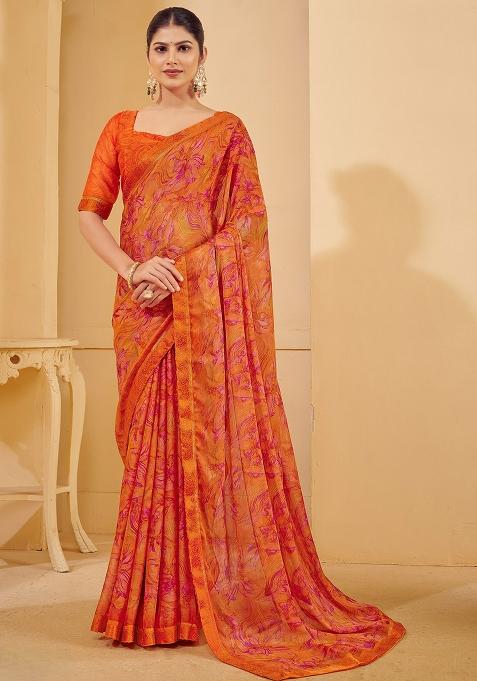 Orange Printed Chiffon Saree Set