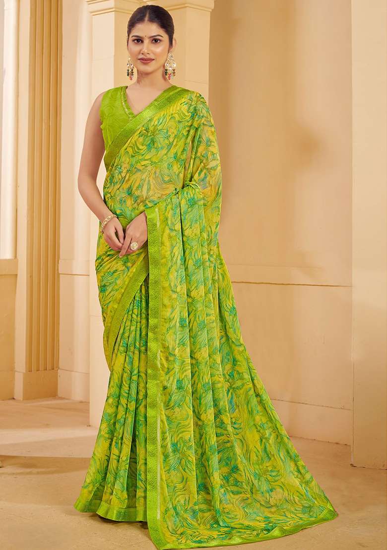 Green Printed Chiffon Saree Set - Indya