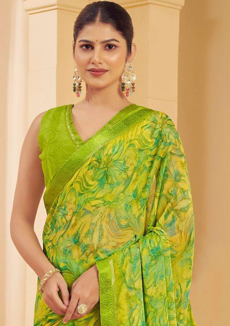 Green Printed Chiffon Saree Set - Indya