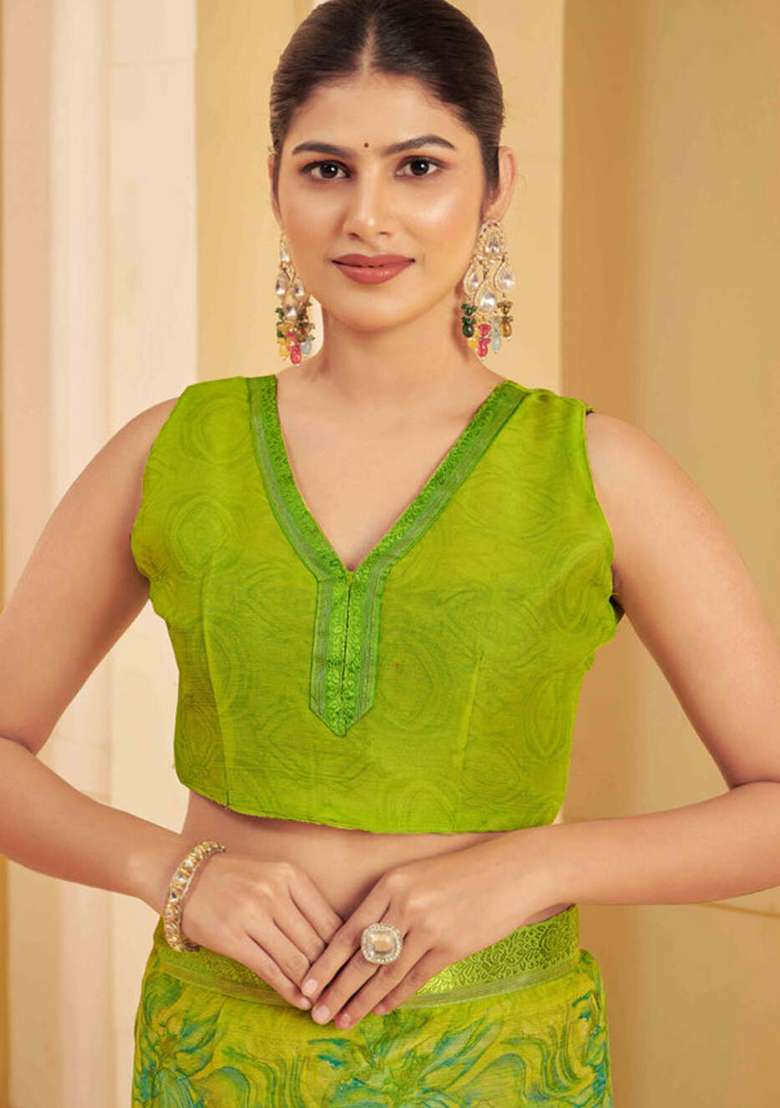 Green Printed Chiffon Saree Set - Indya
