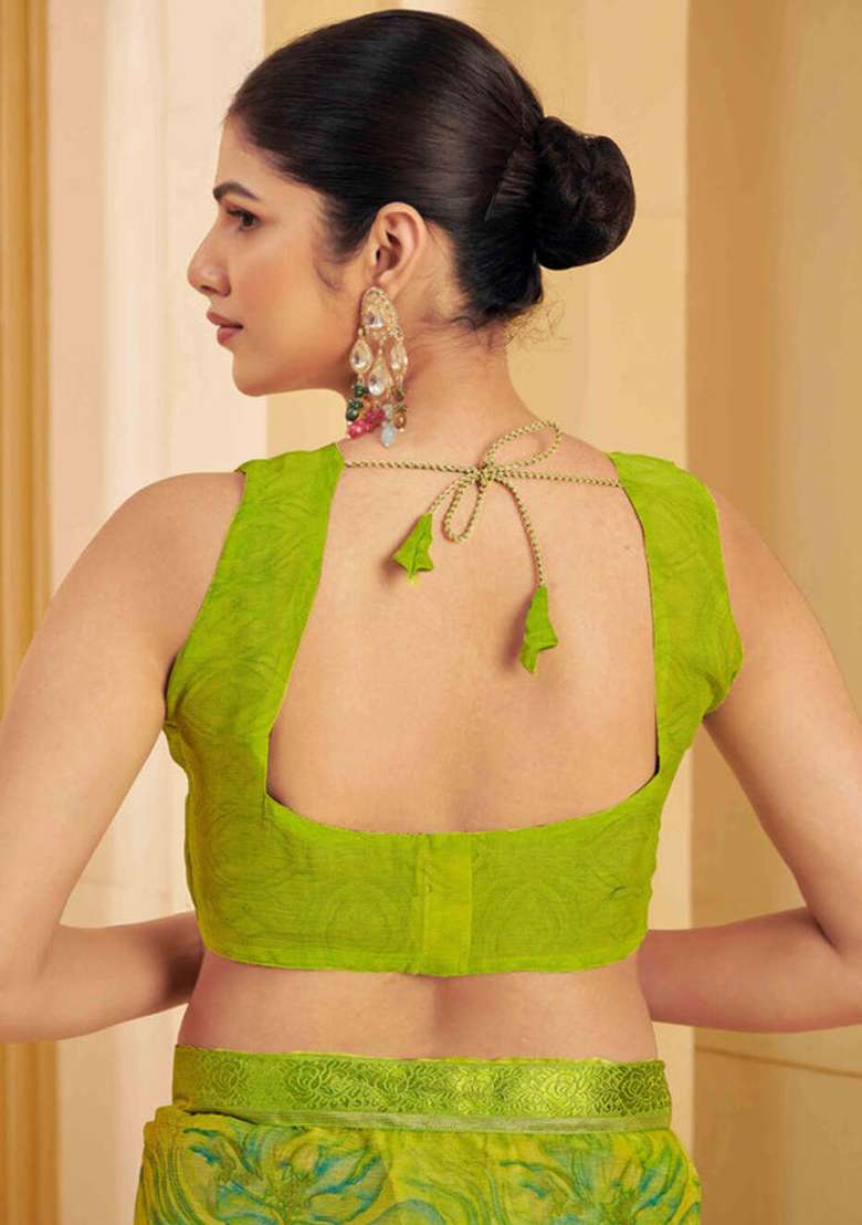 Green Printed Chiffon Saree Set - Indya