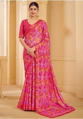 Pink Printed Chiffon Saree Set