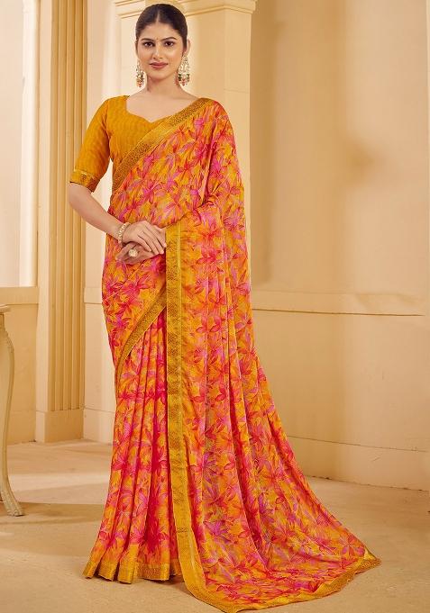 Yellow Printed Chiffon Saree Set