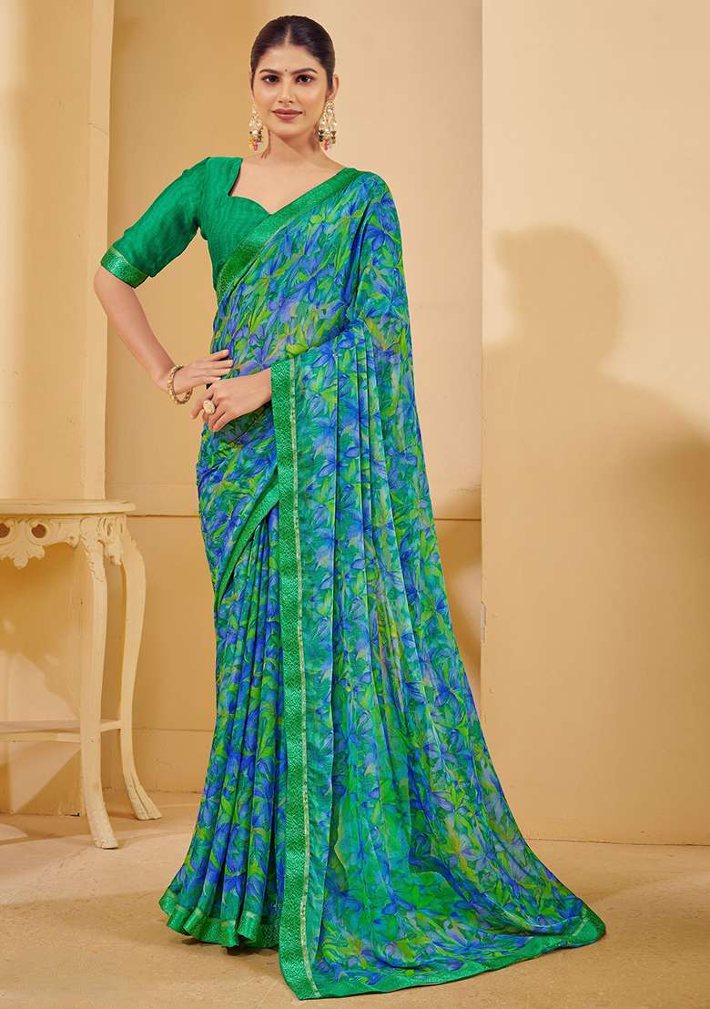 Green Printed Chiffon Saree Set - Indya