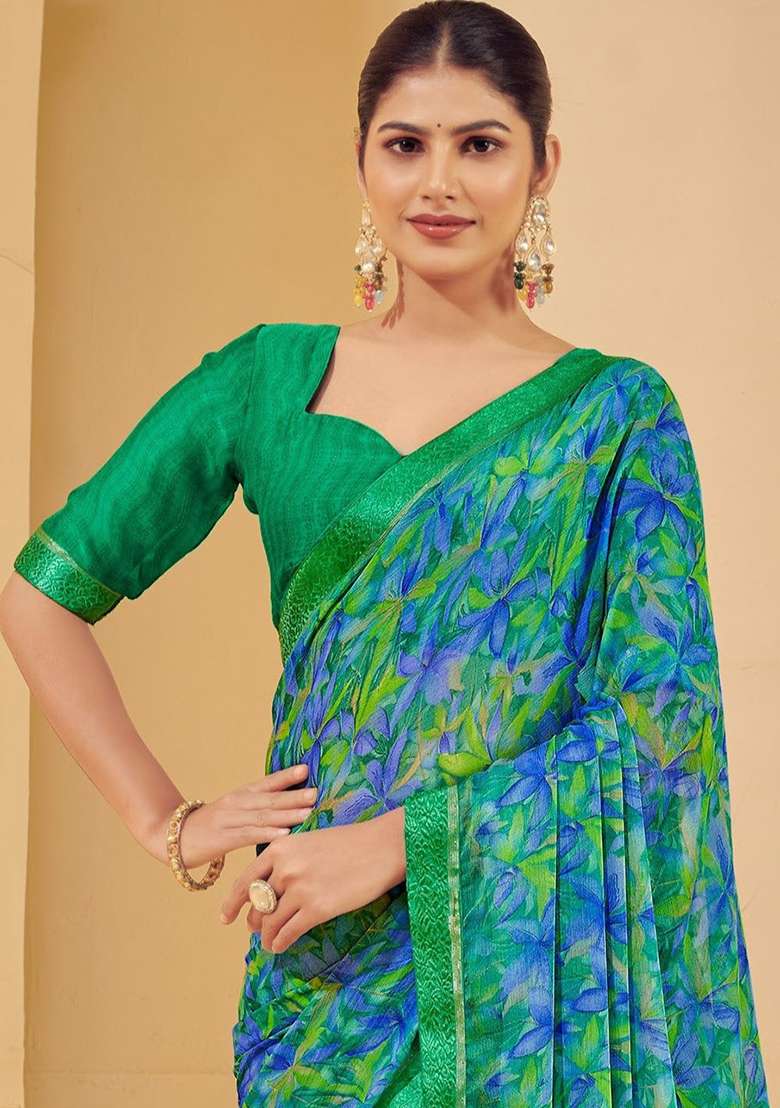 Green Printed Chiffon Saree Set - Indya