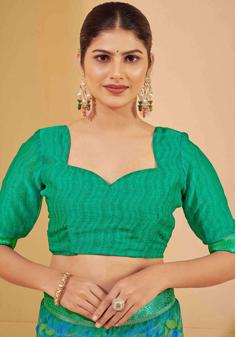 Green Printed Chiffon Saree Set - Indya