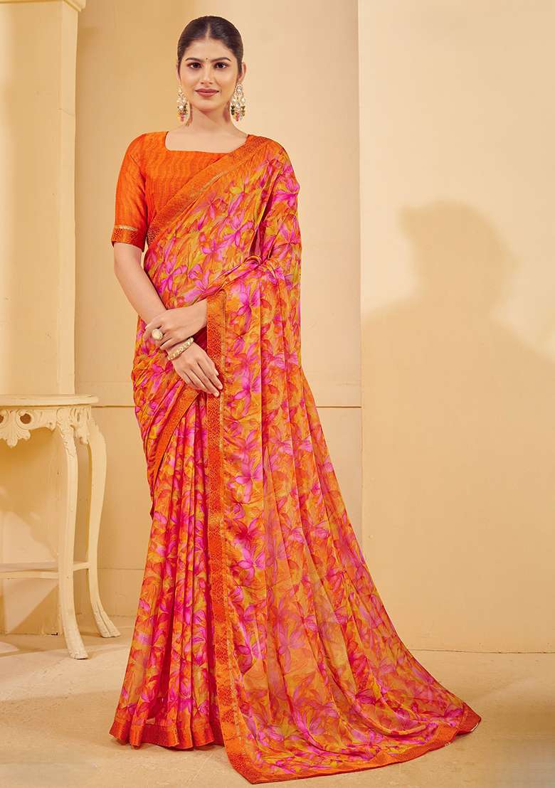 Orange Printed Chiffon Saree Set for Diwali and Festive Wear - Indya