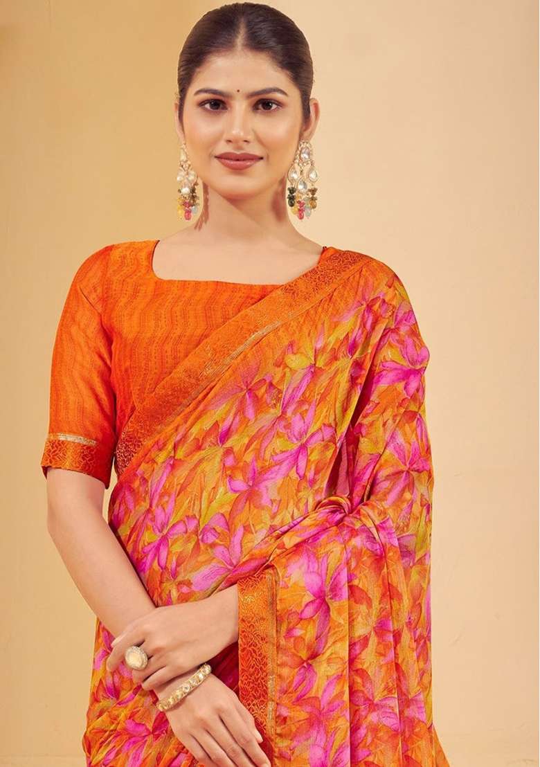 Orange Printed Chiffon Saree Set for Diwali and Festive Wear - Indya