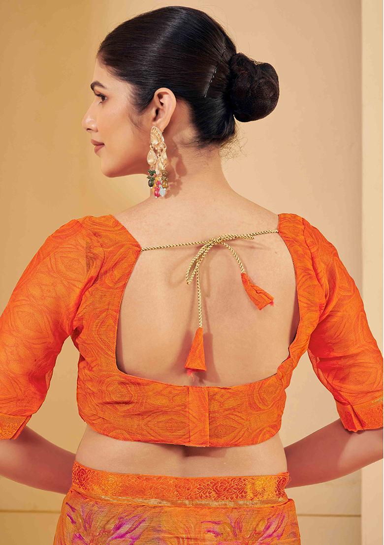 Orange Printed Chiffon Saree Set - Indya