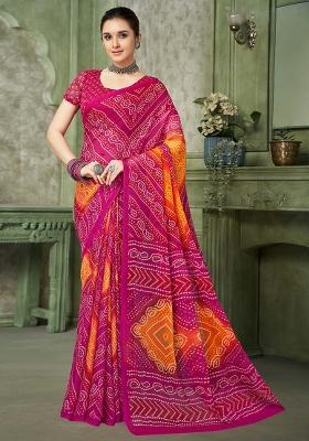 Pink Bandhani Print Chiffon Saree Set