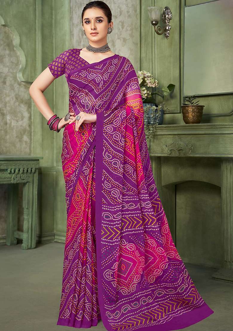 Purple Bandhani Print Chiffon Saree Set - Indya