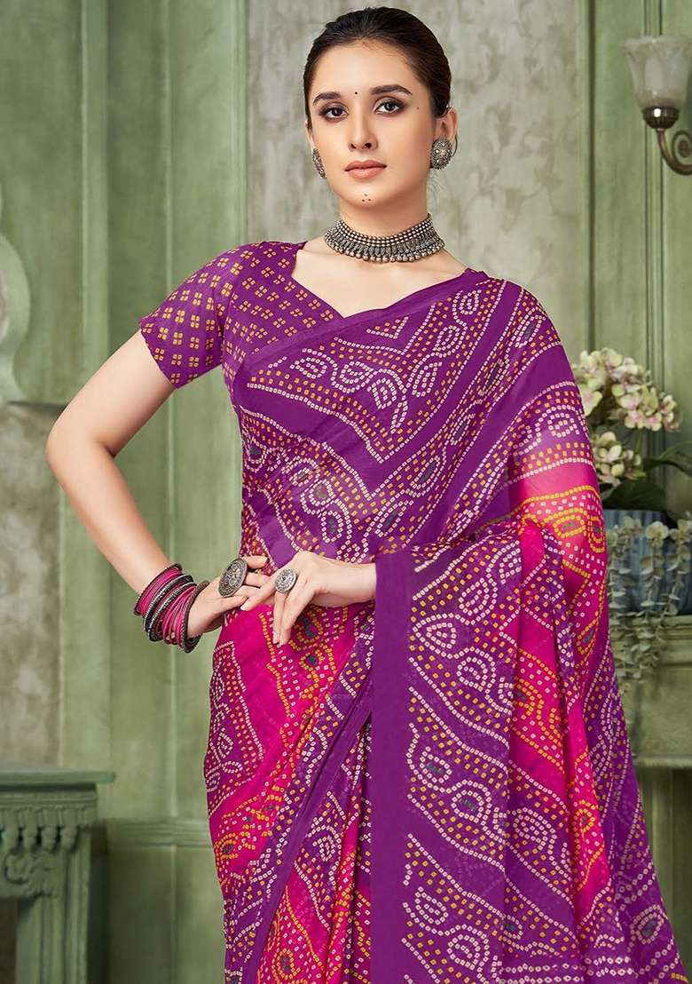 Purple Bandhani Print Chiffon Saree Set - Indya