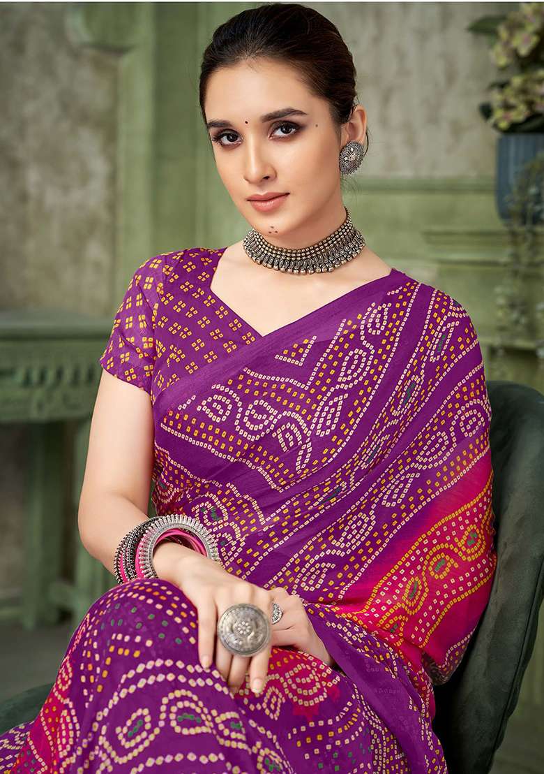 Purple Bandhani Print Chiffon Saree Set - Indya