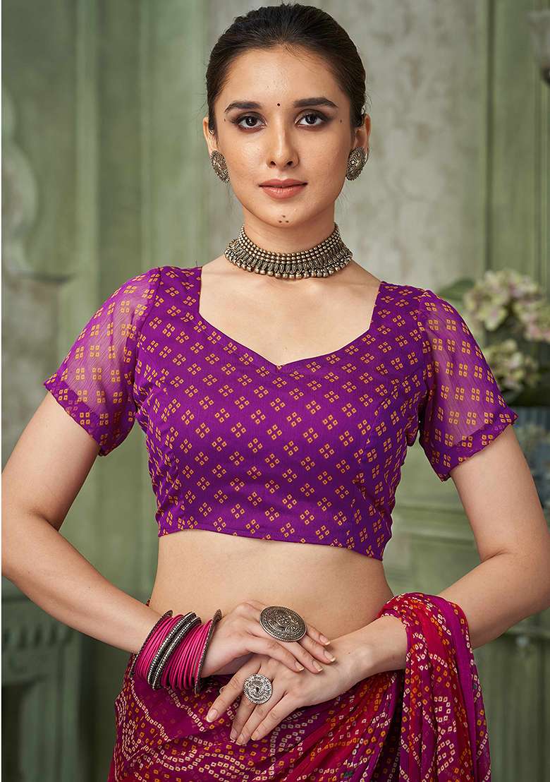Purple Bandhani Print Chiffon Saree Set - Indya
