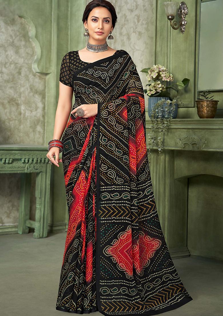 Black Bandhani Print Chiffon Saree Set
