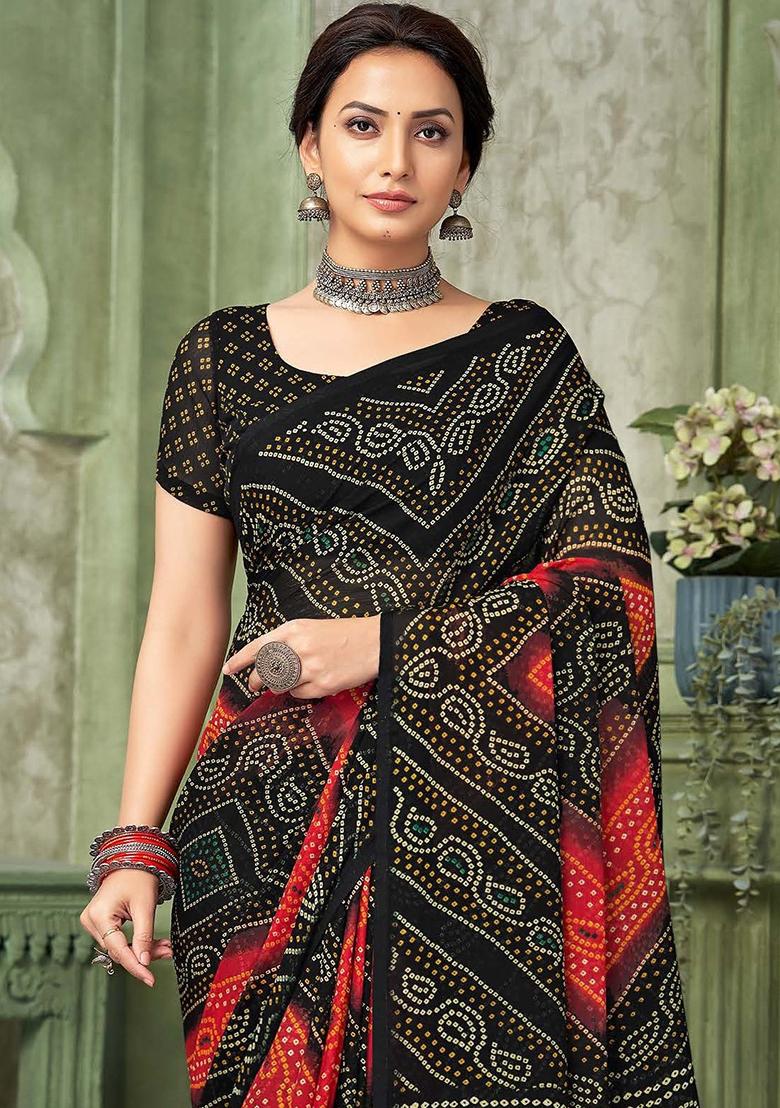 Black Bandhani Print Chiffon Saree Set