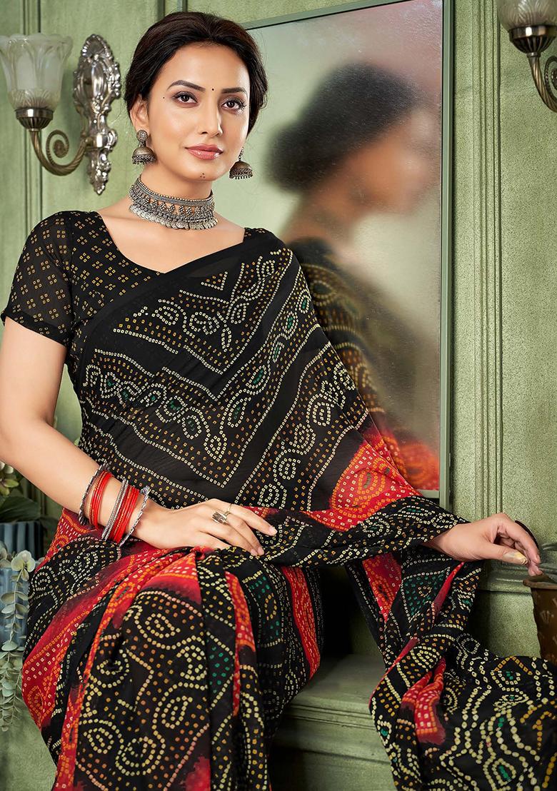 Black Bandhani Print Chiffon Saree Set