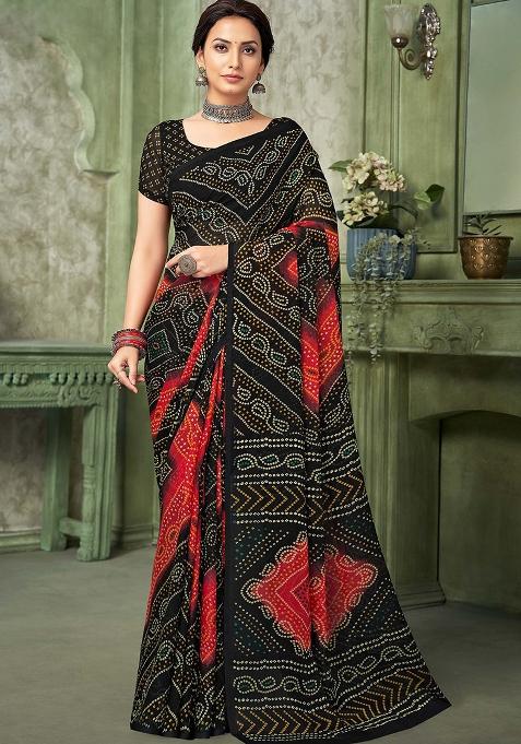 Black Bandhani Print Chiffon Saree Set