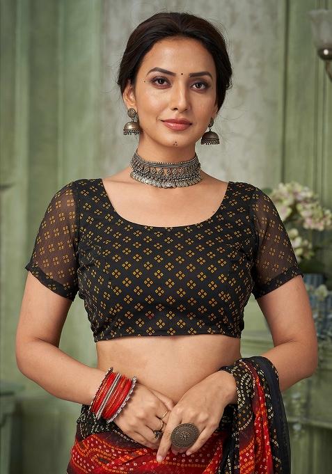 Black Bandhani Print Chiffon Saree Set