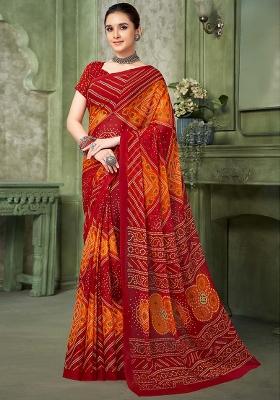Maroon Bandhani Print Chiffon Saree Set
