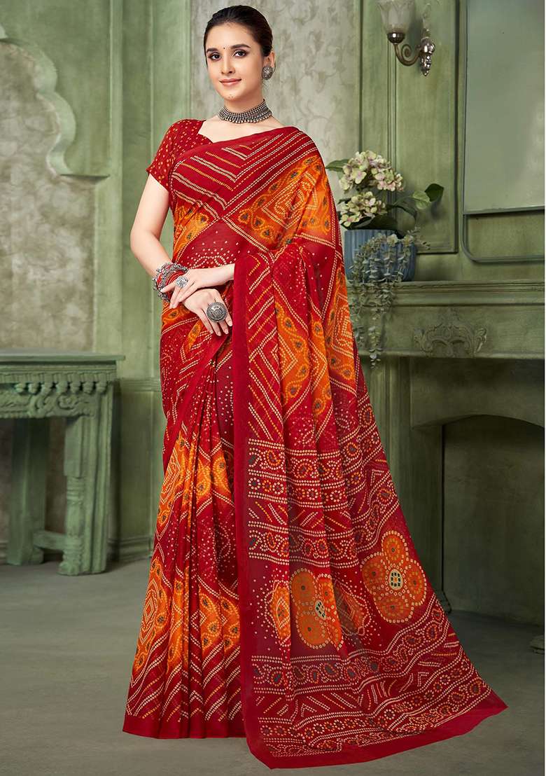 Maroon Bandhani Print Chiffon Saree Set - Indya