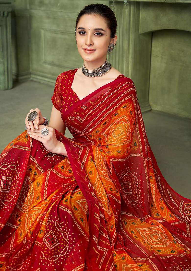 Maroon Bandhani Print Chiffon Saree Set - Indya