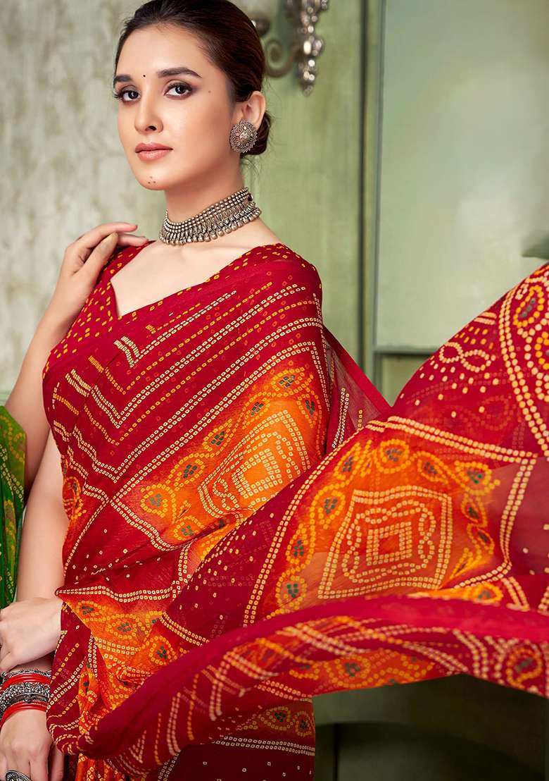 Maroon Bandhani Print Chiffon Saree Set - Indya